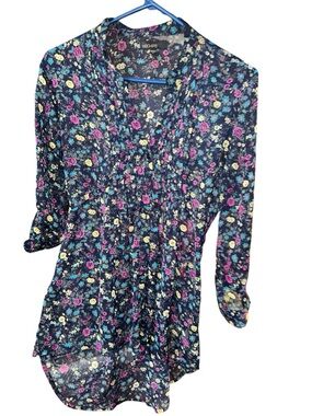 Weavers Floral Tunic Blouse Women's Large Navy Blue Sheer Pleated V-Neck L